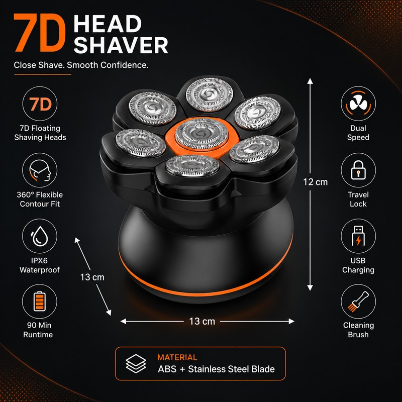 7D Electric Head Shaver for Bald Men – Waterproof Floating