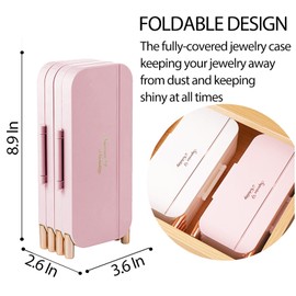 Lejesth Foldable Jewelry Organizer Box with Mirror, 4-Layer Dustproof Earring Necklace and Rings Organizer, Space saving Jewelry box for for Women and Girls, Gifts for Girl (Pink)