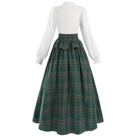 FCCAM Green Plaid Victorian Dress for Women Long Sleeve Vintage Victorian Costume Ball Gown with Pockets XXL