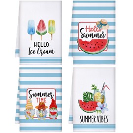 Kajaia 4 Pcs Bee Sunflower Kitchen Towels Summer Gnome Dish Towels Watermelon Lemon Tea Towels Sunshine Hand Towels Absorbent Plaid Towels for Holiday Bathroom Housewarming Gifts(Summer Watermelon)