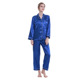 Lavenderi Women's Long Sleeve Premium Satin Pajama Set (Small,Royal Blue)