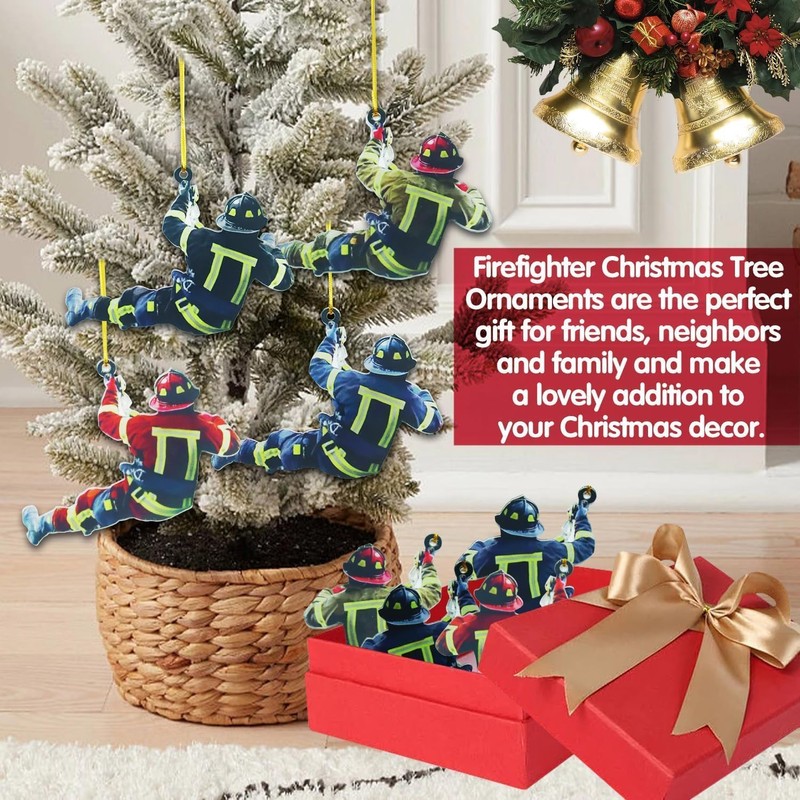 Pack of 4 Fireman Christmas Ornaments, Christmas Tree Fireman Acrylic