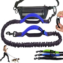 FurLeashUs Hands Free Dog Leash for Running Walking Driving Training Hiking, Dual-Handle Reflective Bungee, Poop Bag Dispenser Pouch, Adjustable Waist Belt, Shock Absorbing, Ideal for Medium to Large Dogs (Blue)