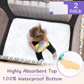 Pack N Play Mattress Protector Pad - Waterproof & Noiseless, Ultra-Soft Breathable Mattress Cover for Pack and Plays, Playards and Mini Cribs, Highly Absorbent Fitted and Dryer Safe (2 Pack)