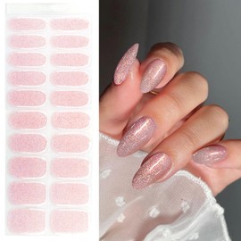 JMEOWIO Gel Nail Stickers Light Purple Glitter Semi Cured Gel Nail Strips Wraps UV/LED Nails Art Design Decoration Accessories