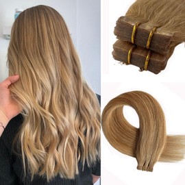22Inch Tape in Extension Human Hair Strawberry Blonde Real Hair Skin Weft Hair Extensions for Women 20PCS 60g Blonde Remy Straight Natural Hair Extensions