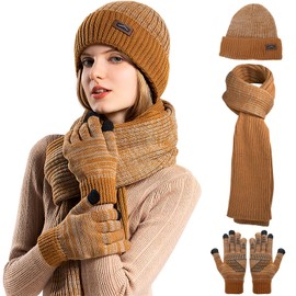 Gorro Bufanda Guantes para pantalla táctil,HDMSYD Conjunto de cuatro piezas cálido de lana,Traje de invierno resistente al frío y al viento(Caqui)