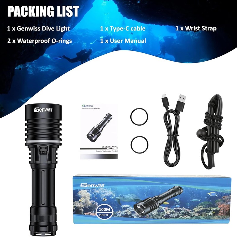 Genwiss Dive Light, 2000 Lumen Underwater Flashlight, IPX8 Waterproof Scuba