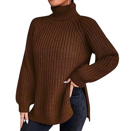 QUINTRA Loose Solid Color Sweater Medium Long Autumn/Winter Turtleneck Long Sleeved Knit Sweater Maternity Pullover Sweater (AA-Brown, L)