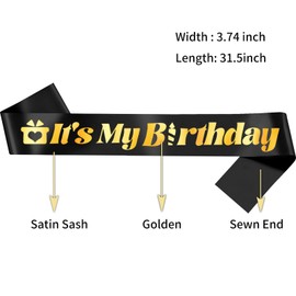 It's My Birthday Sash Black Sash with Gold Foil Happy Birthday Decorations for Women Girls Men Boys Party Decorations（Black + Gold）