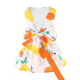 Small Dog Harness Dress Bow Female Dog Clothes Print Flower Girl Dog Harness Dresses Puppy Outfits with Leash Set Summer Cat Princess Pet Dresses, Lemon M