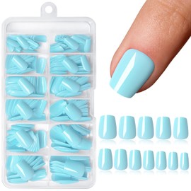 Bellelfin 240pcs Short Press on Nails Blue Full Cover Short Coffin Glossy Fake Nails Acrylic Artificial False Nail Tips with 5 Sheets Adhesive Glue Tabs for Women and Girls Fingernails Design