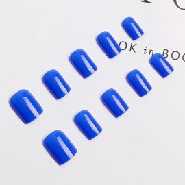 BFY Short Press on Nails Square Winter Christmas Colors, Blue Solid Color Nail Decoration Gel Made Acrylic Nails, Glossy Fake Nails Stick Glue on Nails Kit, New Year Nail Accessories 24 Pcs