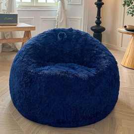 XeGe Fluffy Bean Bag Chair Cover(No Filler), Faux Fur Washable Soft Stuffed Animal Storage Bean Bag Cover for Plush Toys or Textile, Plush Shaggy Large BeanBag Shell for Adults Kids Teens, Navy Blue