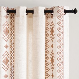 Chorowl Beige Boho Curtains 63 Inches Long 2 Panels Neutral Linen Textured Curtains for Living Room Bedroom Cream Geometric Embroidered Grommet Top Light Filtering Window Drapes Taupe on Beige
