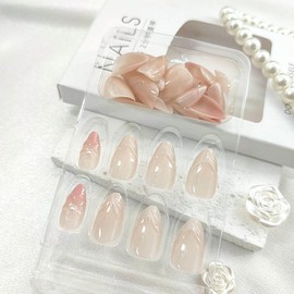 Short Press on Nails Almond Fake Nails with Flower Pearl Designs French Tip Nails Press ons Glossy Glue on Nails Summer Acrylic Nails Cute False Nails Artificial Stick on Nails for Women 24Pcs