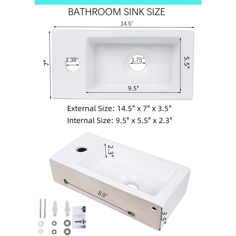 Small Wall Mount Vessel Sink, QISHKA 14.4" x 7" Ceramic