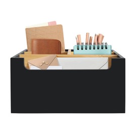 Desk Organizer Caddy with Adjustable Bamboo Dividers, Black Office Pen Holder for Desk, Small Mail Holder Bill Organizer with 5 Slots, Wood Workspace Organizer for Letter, Postcard, Remote Control