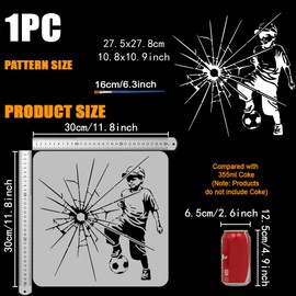 FINGERINSPIRE Boy Stencil with a Paint Brush 11.8x11.8Inch Reusable Boy Playing Soccer Stencil PET Breaking Window Decoration Template Banksy Theme Template for Painting on Wood Wall Floor Furniture