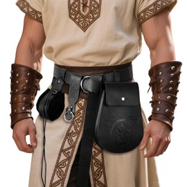 Viking Embossed Belt Pouch Medieval Bag Coin Purse Renaissance Costume Accessories for LARP Ren Faire with Skirt Hikes Drawstring Waist Bag