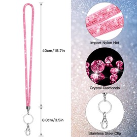 Soleebee Card Holder Lanyard Bling Rhinestone Lanyard with Key Ring Crystal Collar Women's Necklace Kit for ID Card Holder Key Ring, pink