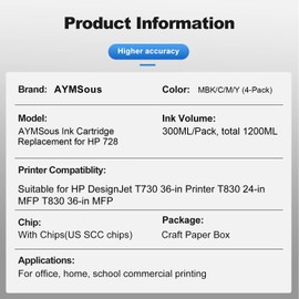 AYMSous Compatible for HP 728 Ink Cartridge Replacement for HP 728 F9J68A F9K17A F9K16A F9K15A for HP DesignJet T730 36-in Printer T830 24-in MFP T830 36-in MFP (4-Pack)
