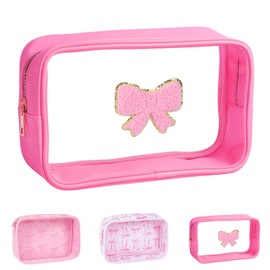 Yoolhamy Pink Clear Bow Cosmetic Bag For Women Girls Cute Bow Travel Bag Coquette Zipper Model Cosmetic Bag For Birthday Gift, Pink, Pink Bow
