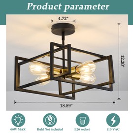 ZGLAOJT 4-Lights Close to Ceiling Light Black and Gold Light Fixture Industrial Flush Mount Ceiling Light Farmhouse Chandelier Lighting for Kitchen Island Dining Room Bedroom Foyer Hallway.