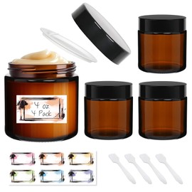 Yokodaza 4 Pack 4 oz Glass Jars with Lids, Amber Refillable Containers with Inner Liners - Empty Cosmetic Jars with Labels & Spatulas for Makeup Lotion Candles Jam Storage