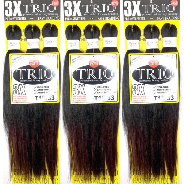 BNG Trio 3X Pre-Stretched Braiding Hair 28" for Easy Braid Professional Itch Free Synthetic Fiber 3 PACK Hair (9 bundles) (#T1B/33 Off Black/Dark Auburn)