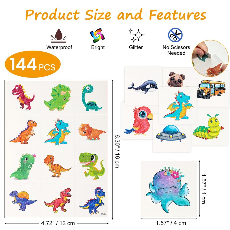 Habett Glitter Temporary Tattoos for Kids, 144PCS Mixed Styles Pre-Cut