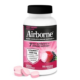 Airborne Very Berry Chewable Tablets, 116ct | Immune Support Supplement with 1000mg Vitamin C + Vitamins A, D, E, Zinc,Selenium, & Manganese | Herbal 