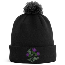 Purple Print House Embroidered Scottish Thistles Bobble Hat Scotland Men Women Rugby Supporters Nations Winter, One Size, White