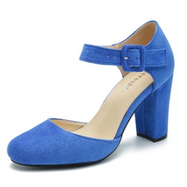 fereshte Women's High Heel Closed Toe Chunky Wedding Pumps Mary Jane Shoes Suede Royal Blue 24.72cm Insole - US 8