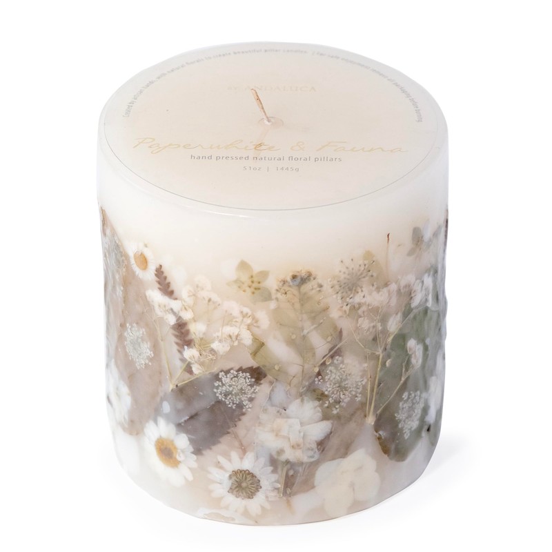 ANDALUCA Pressed Real Flowers Handcrafted Botanical Floral Pillar Candle (Natural