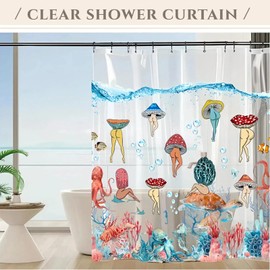 Clear Mushroom Shower Curtain Liner, Plastic Transparent Colorful Funny Shower Curtain Liner with Design, Cool Unique Funky Sexy Shower Curtain for Adults, 72x78 Grommet Shower Curtain with 12 Hooks