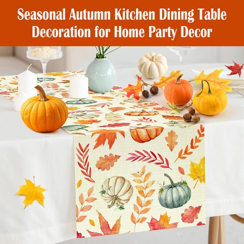 FurniGift Pumpkin Buffalo Plaid Fall Table Runner, Fall Maple Leaves