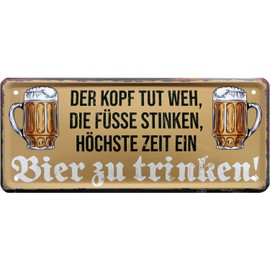 WOGEKA ART Retro Tin Sign with German Text "Der Kopf tut weh, die Füße stinken... Bier" [German Language] Funny Saying as a Gift Idea for Birthday Christmas Decoration 28 x 12 cm Vintage Design Metal