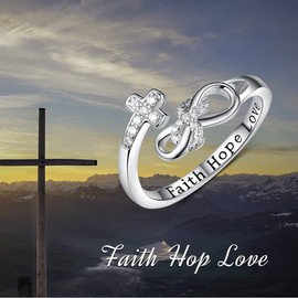 TYSO Faith Hope Love Cross Rings 925 Sterling Silver CZ Infinity Adjustable Wrap Rings Inspirational Jewelry Gifts for Women