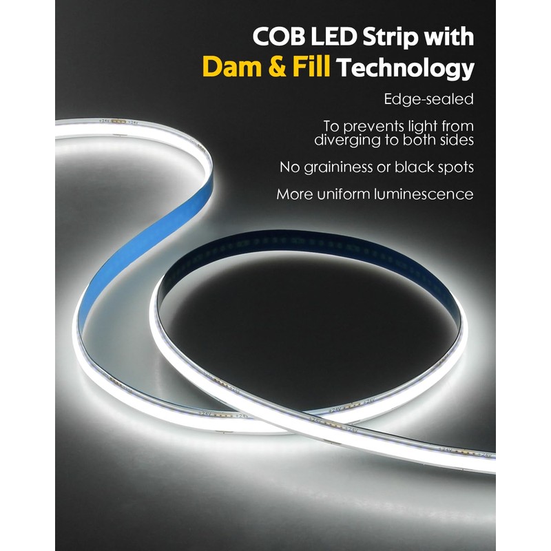 White COB Led Strip Lights 65.6FT/Roll with Dam-Process 6500K 24V