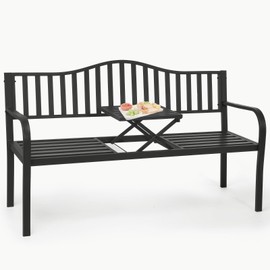 BODIOO Outdoor Metal Garden Bench 59" Patio Bench with Built in Table Park Bench, Outside Bench Weather Proof Front Porch Bench, 500lbs