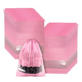 MEOTAKILE 20 Pack Shoe Bags for Travel, 17" x 12.6" Drawstring Shoe Organizers with Clear Window, Breathable Non-Woven Dustproof Pouches for Luggage & Closet (Pink)