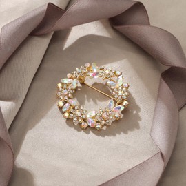 EVER FAITH Sparkly Rhinestone Crystal Flower Wreath Brooches Pin, Vintage Inspired Hollow Garland Brooch Clip for Women Iridescent AB Gold-Tone