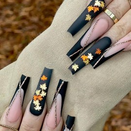 MERVF Coffin Press on Nails Long Fake Nails Black French Tip Ballerina Glue on Nails with Maple Leaf Design Artificial Acrylic Nails Press ons Fall False Nails 24pcs Matte