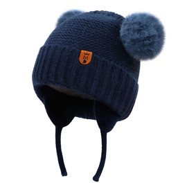 LYZOURBB Toddler Baby Autumn Winter Hat with Earflap Infants Cute Pom Pom Beanie Hat Cap for Baby Girls Boys 0-3Years Navy
