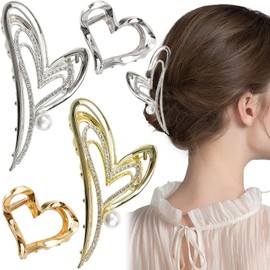4PCS Metal Heart Hair Clips, Rhinestone Non-Slip Strong Hold Hair Claw for Thick Hair Styling Fashion Hair Barrette Accessories for Women Girls