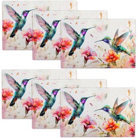 Hummingbird Placemats Set of 6 Pink Hummingbird Birds Flowers Watercolor Table Mats Washable Place Mats for Home Party Kitchen Indoor Outdoor Restaurants 12''x18''