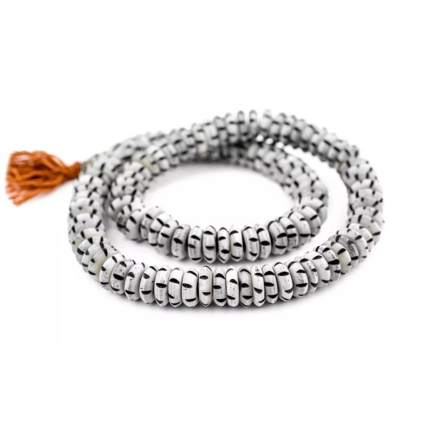 The Bead Chest Grey Carved Disk Bone Mala Beads 13mm