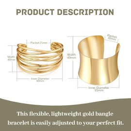Generisch Gold Cuff Bracelets for Women, Pack of 2 Open Wide Cuff Bracelets, Adjustable Gold Open Bangle Bracelet for Women Girls