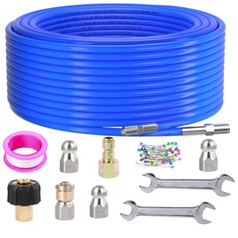 150FT Sewer Jetter Kit for Pressure Washer, 1/4 Inch NPT Drain Cleaner Hose, 5800PSI Pressure Washer Hose with 4 Sewer Jetting Nozzles Waterproof Tape 2 Spanners Colorful Pins